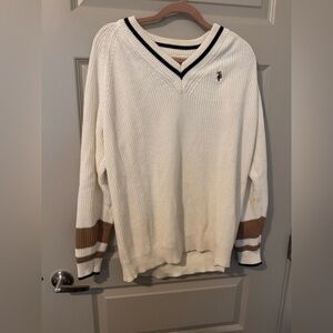 Vintage U.S. Polo Assn. White V-Neck Sweater with Brown and Black Accents